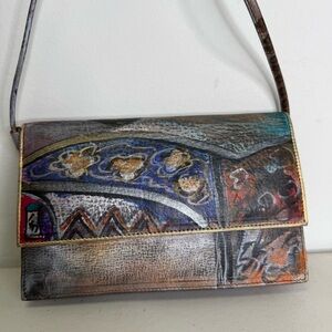 NEW Jane Yoo Hand Painted Leather Shoulder Bag Vintage 8x5”